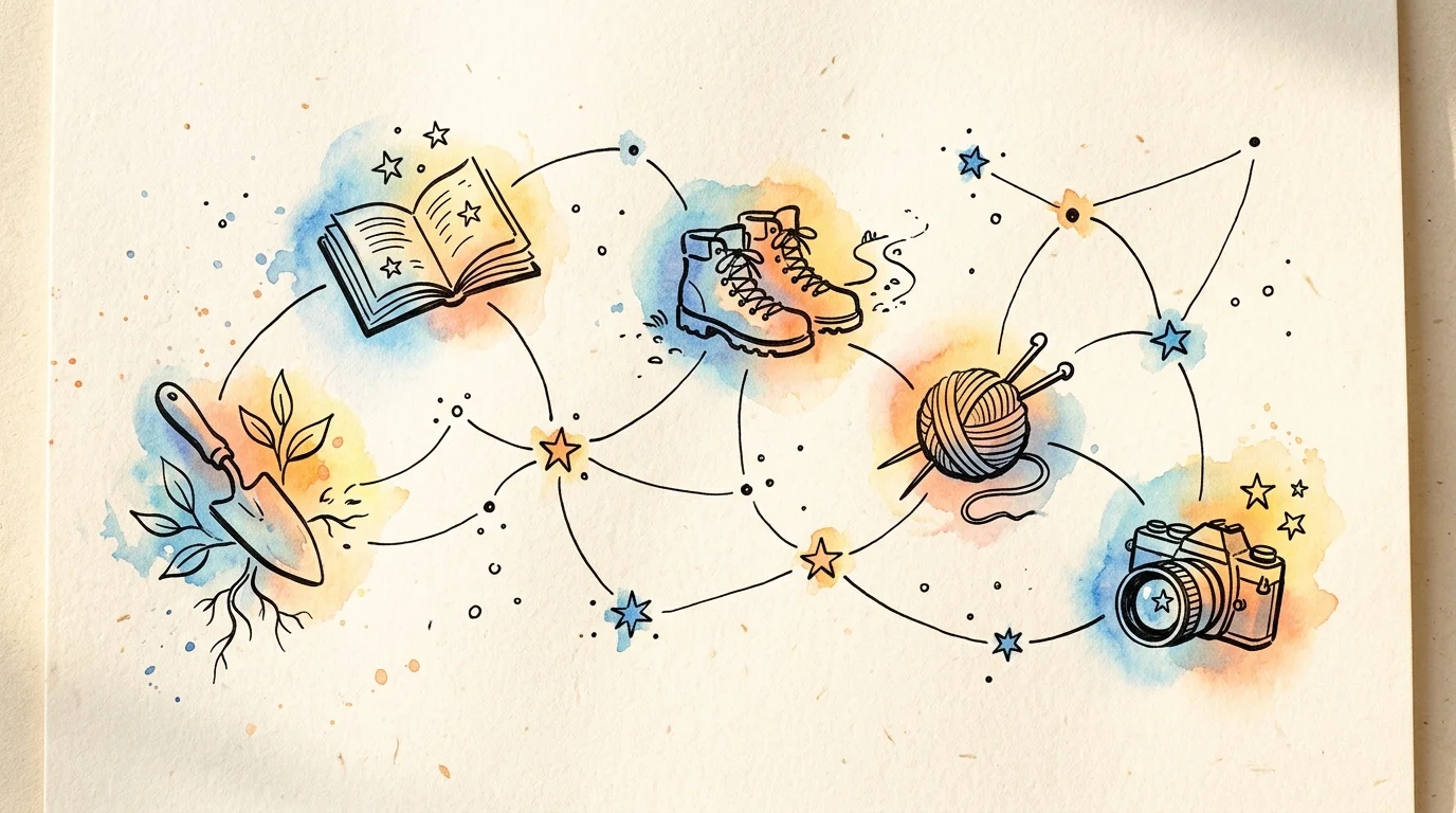 A whimsical watercolor constellation linking icons of a book, gardening tools, hiking boots, and a camera.
