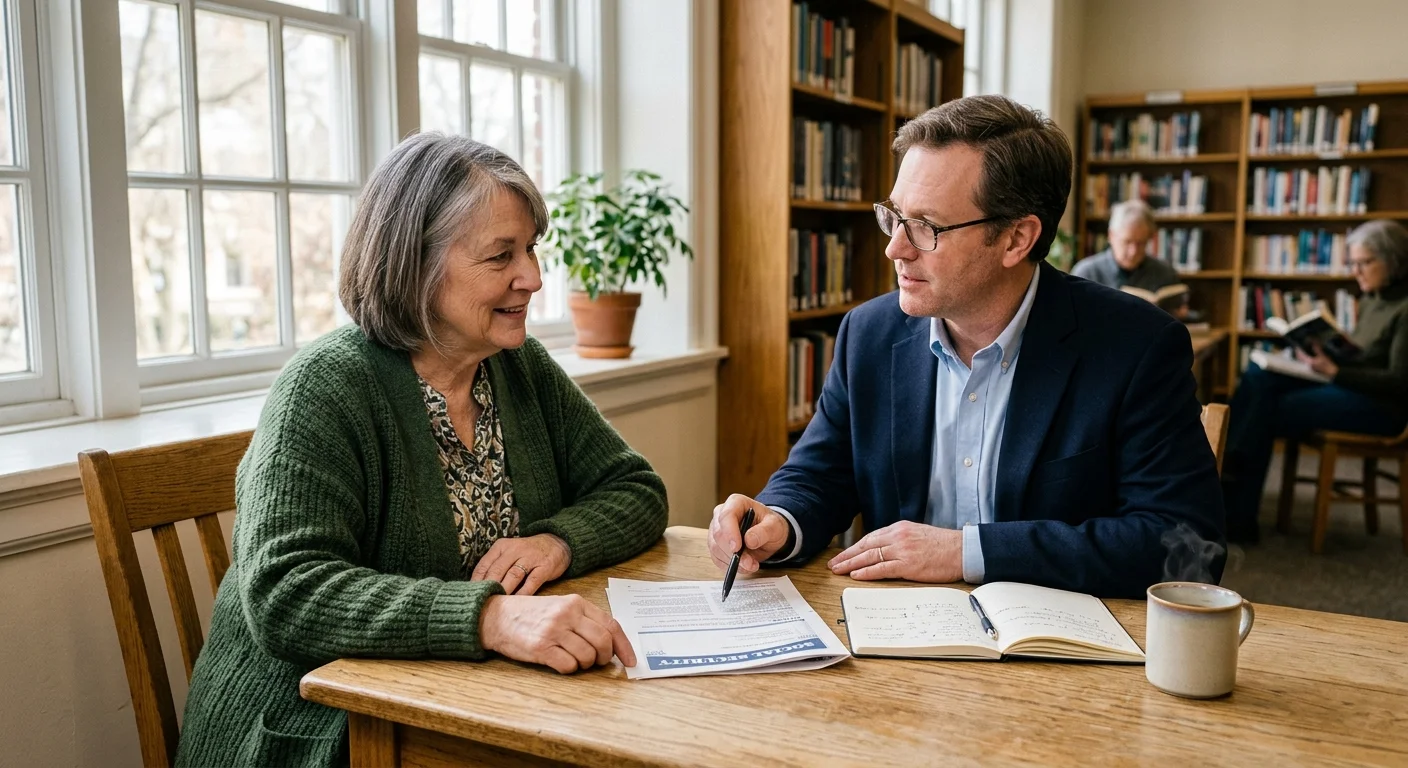 A woman discussing financial paperwork with an advisor at a library table, captured in a natural, candid documentary style.