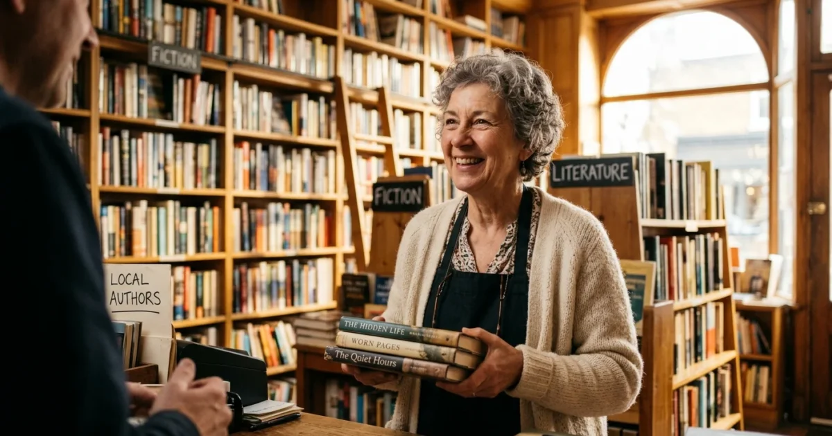 A woman in her early 60s working part-time at a cozy bookstore, holding books and smiling warmly.