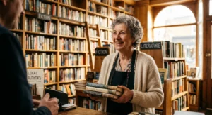 A woman in her early 60s working part-time at a cozy bookstore, holding books and smiling warmly.