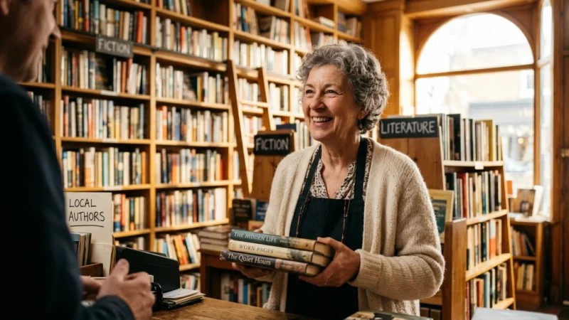 A woman in her early 60s working part-time at a cozy bookstore, holding books and smiling warmly.