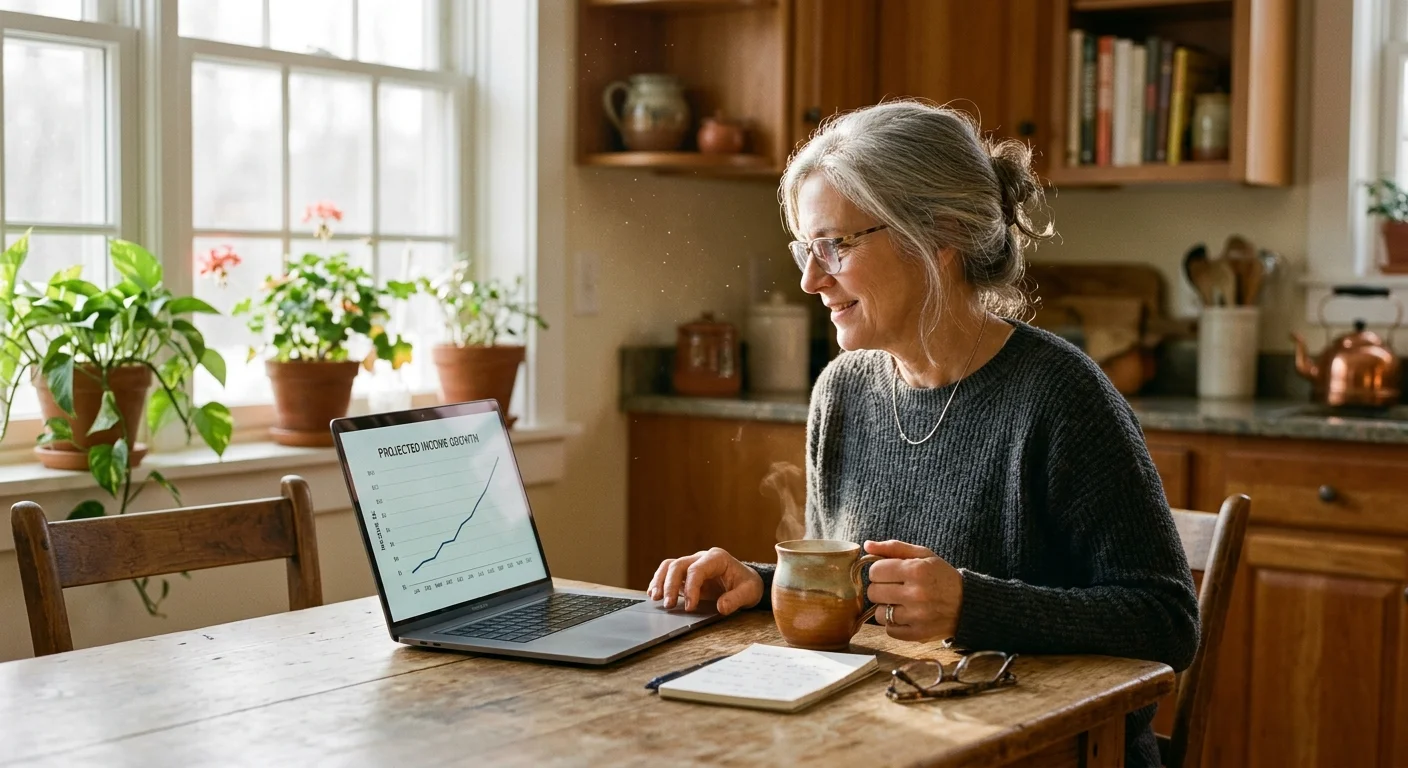 A woman in her late 50s at her kitchen table looking at a rising chart on her laptop, bathed in warm morning light.