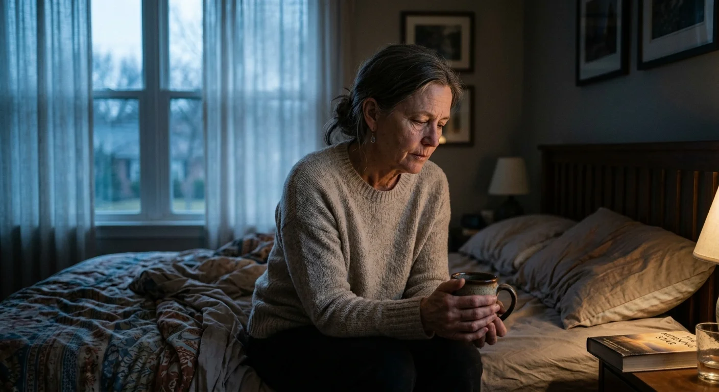 A woman in her late 50s sitting thoughtfully on the edge of her bed in the early morning light, holding a mug.