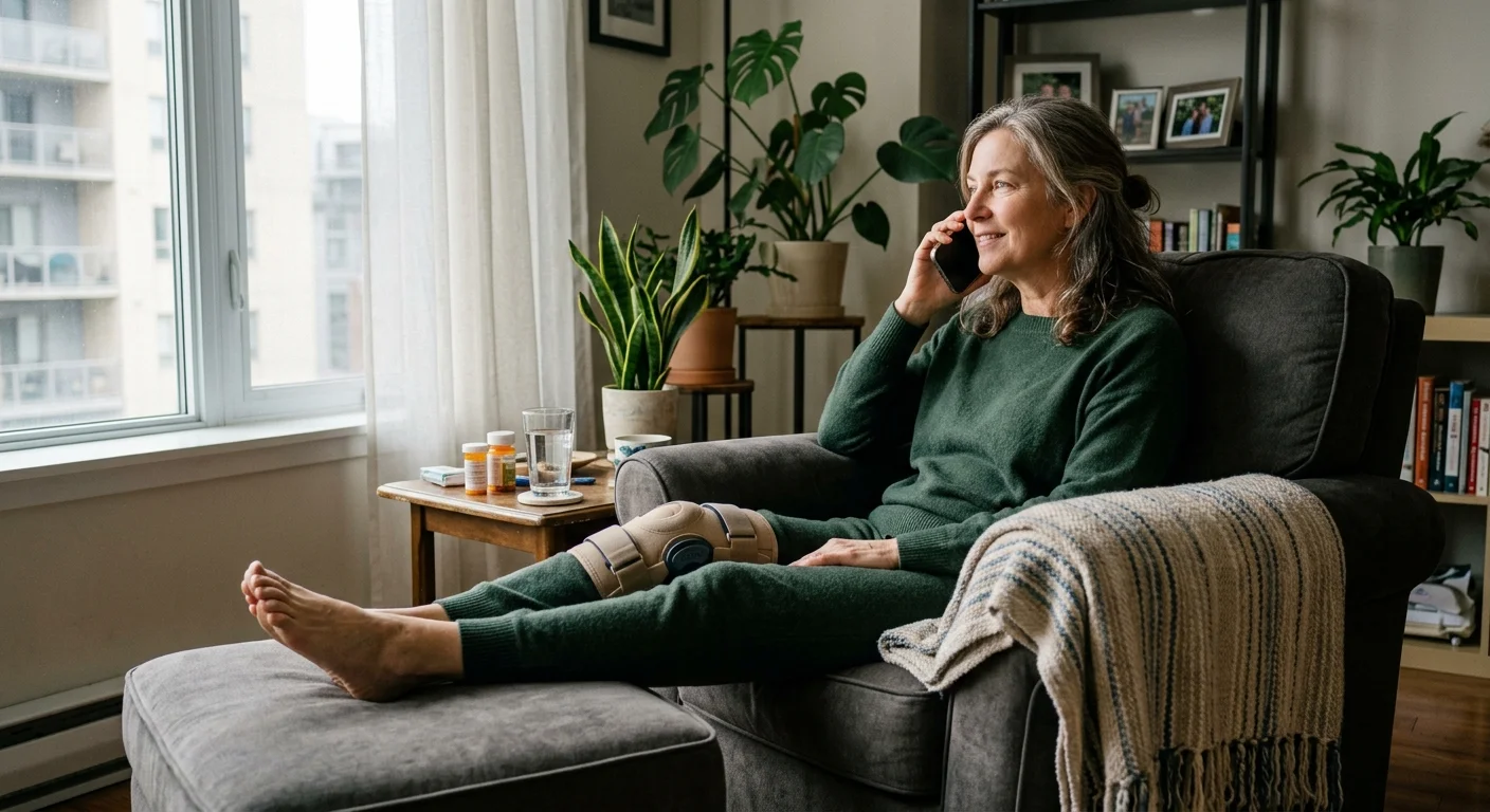 A woman in her mid-50s with a leg brace talks on her phone while resting in a cozy armchair at home.