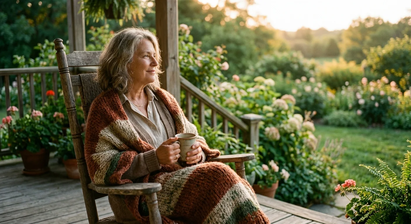 A woman in her mid-60s sitting peacefully on a wooden porch during sunset, reflecting in soft golden light.