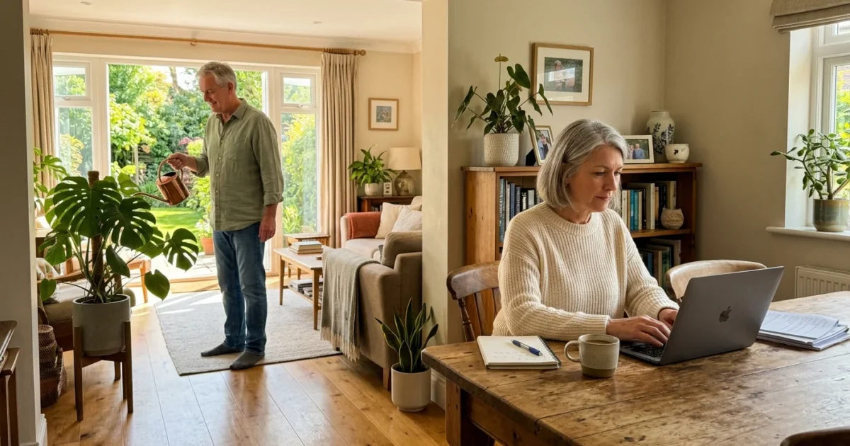 A woman working on a laptop at a kitchen table while her husband waters plants near a sunny garden window in their home.