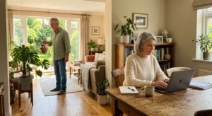 A woman working on a laptop at a kitchen table while her husband waters plants near a sunny garden window in their home.