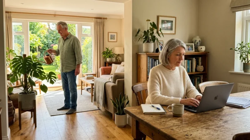 A woman working on a laptop at a kitchen table while her husband waters plants near a sunny garden window in their home.