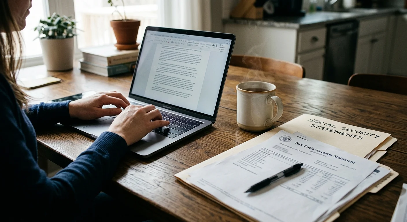 A woman’s hands typing on a laptop at a wooden table next to documents, captured in a warm, natural home setting.