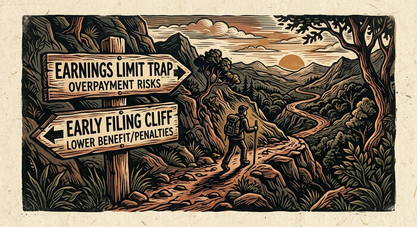 A woodcut-style illustration of a path with a warning sign pointing out potential financial pitfalls like the earnings limit.