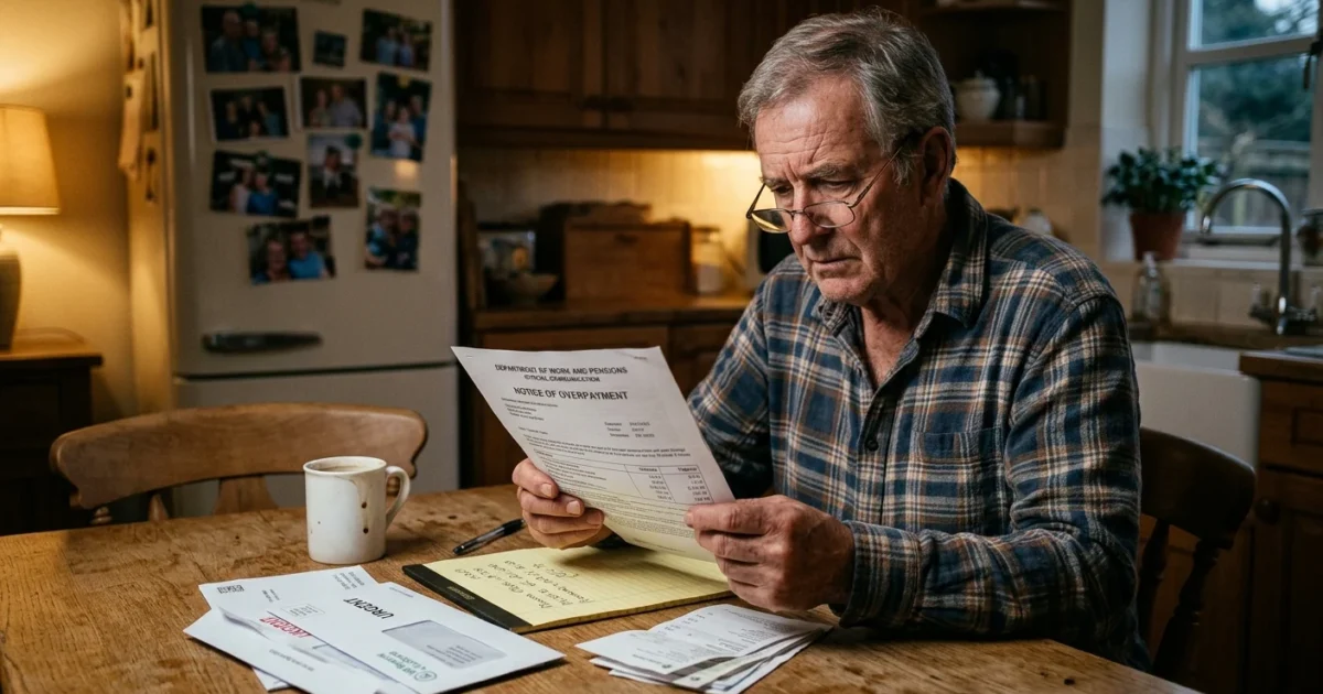 A worried retired man sitting at a kitchen table looking at a Social Security overpayment letter under a warm lamp.