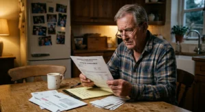 A worried retired man sitting at a kitchen table looking at a Social Security overpayment letter under a warm lamp.