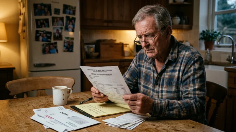 A worried retired man sitting at a kitchen table looking at a Social Security overpayment letter under a warm lamp.