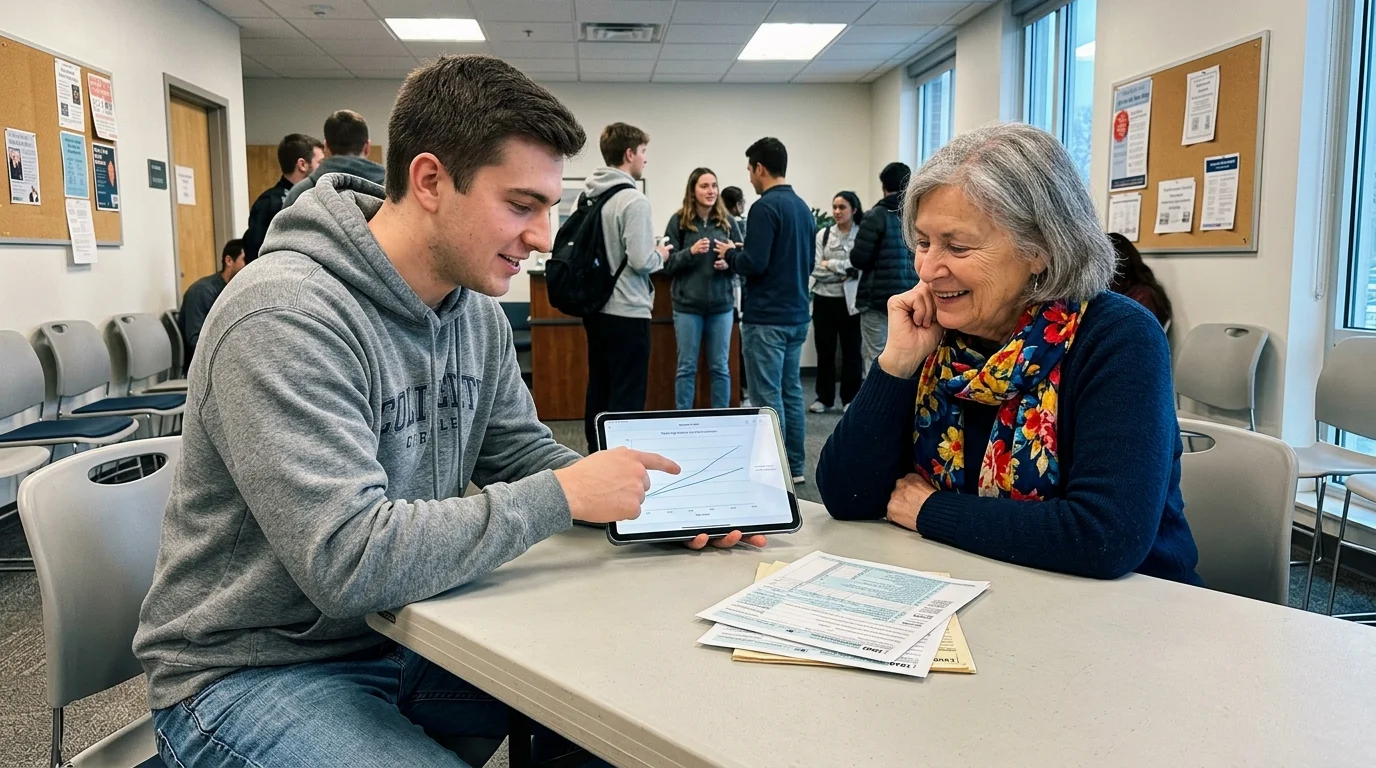 A young university student explains a financial graph to a senior woman on a tablet.