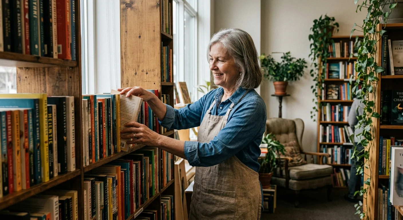 An active retired woman works part-time at a cozy bookstore, representing the flexible earnings limit.