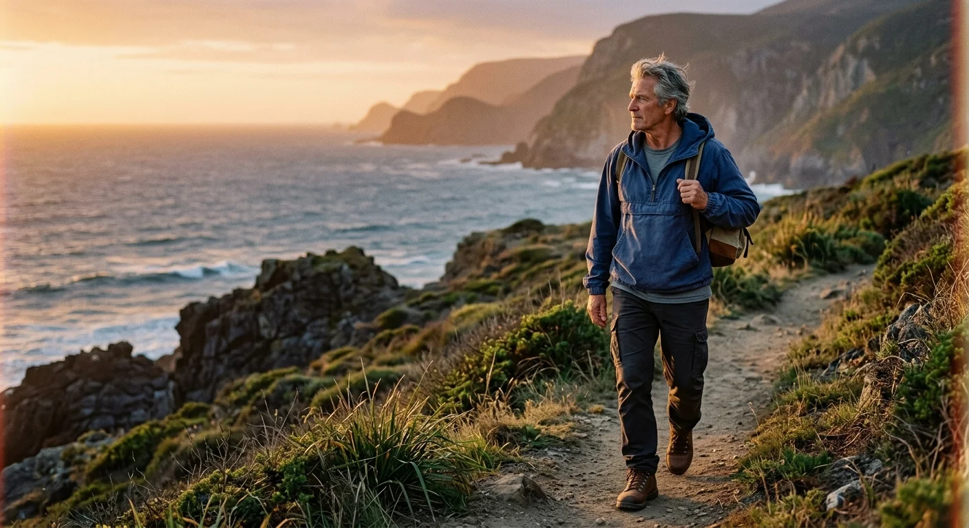 An active retiree hikes along a scenic coastline at golden hour, symbolizing reaching Full Retirement Age.
