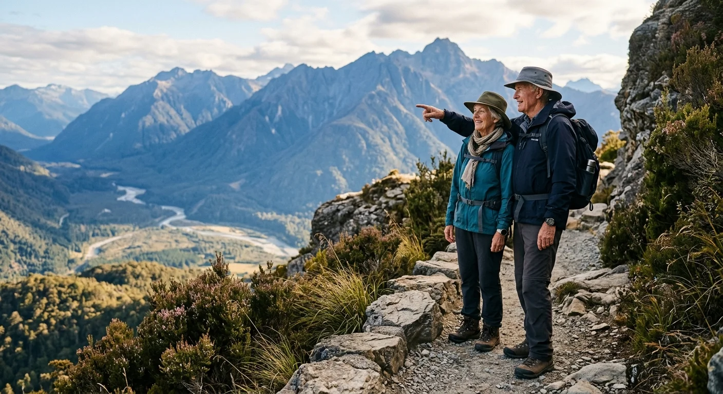 An active senior couple stands on a mountain trail, looking out over a vast scenic valley.