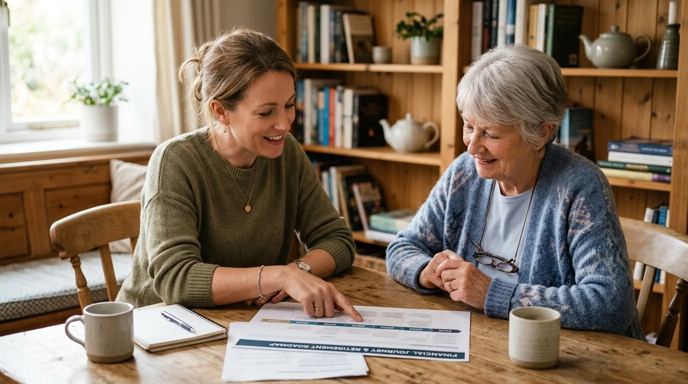 An advisor and a client collaborating over a financial timeline on a wooden table in a comfortable office.