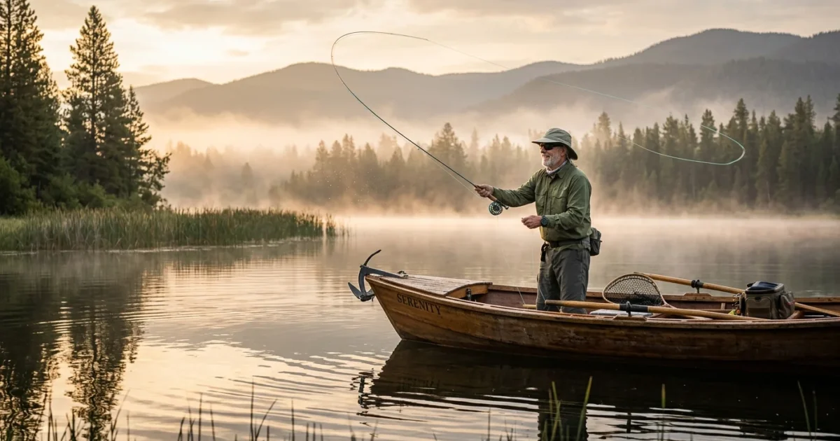 A senior man fly-fishing from a wooden boat on a misty, calm lake surrounded by evergreen trees and mountains at sunrise.