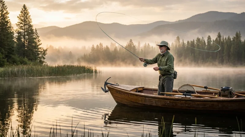 A senior man fly-fishing from a wooden boat on a misty, calm lake surrounded by evergreen trees and mountains at sunrise.