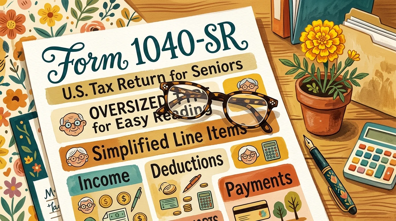 An artistic gouache illustration of a large-print Form 1040-SR with reading glasses resting on it.