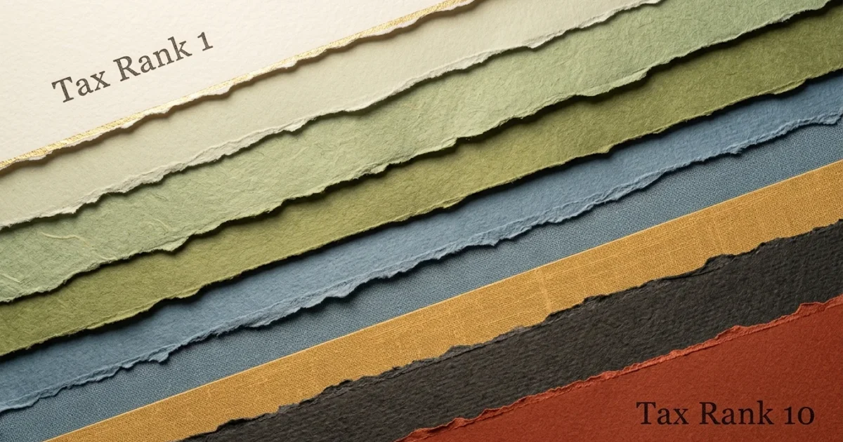 An artistic mixed-media paper collage ranking ten layers from tax-free light green to highly-taxed dark rust.