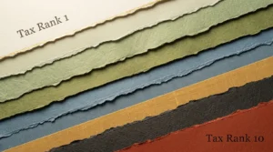 An artistic mixed-media paper collage ranking ten layers from tax-free light green to highly-taxed dark rust.