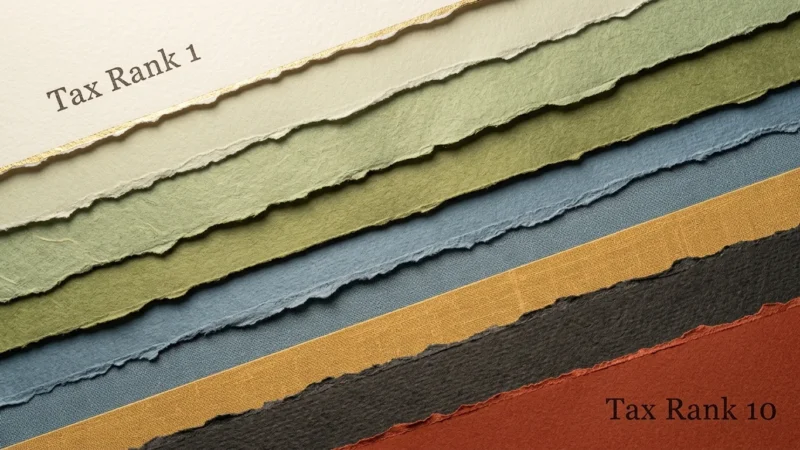 An artistic mixed-media paper collage ranking ten layers from tax-free light green to highly-taxed dark rust.