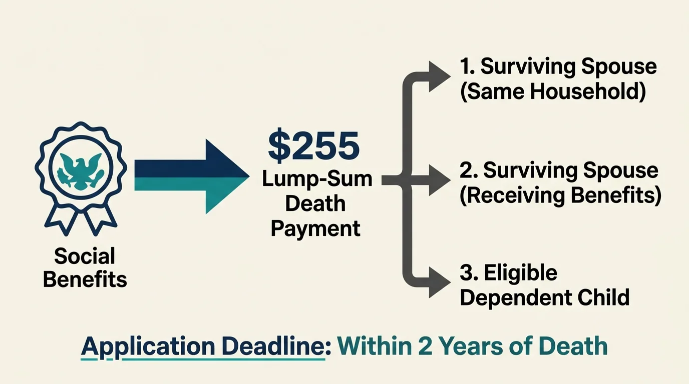 An editorial diagram mapping out the eligible recipients and the 2-year deadline for the $255 lump-sum death benefit.