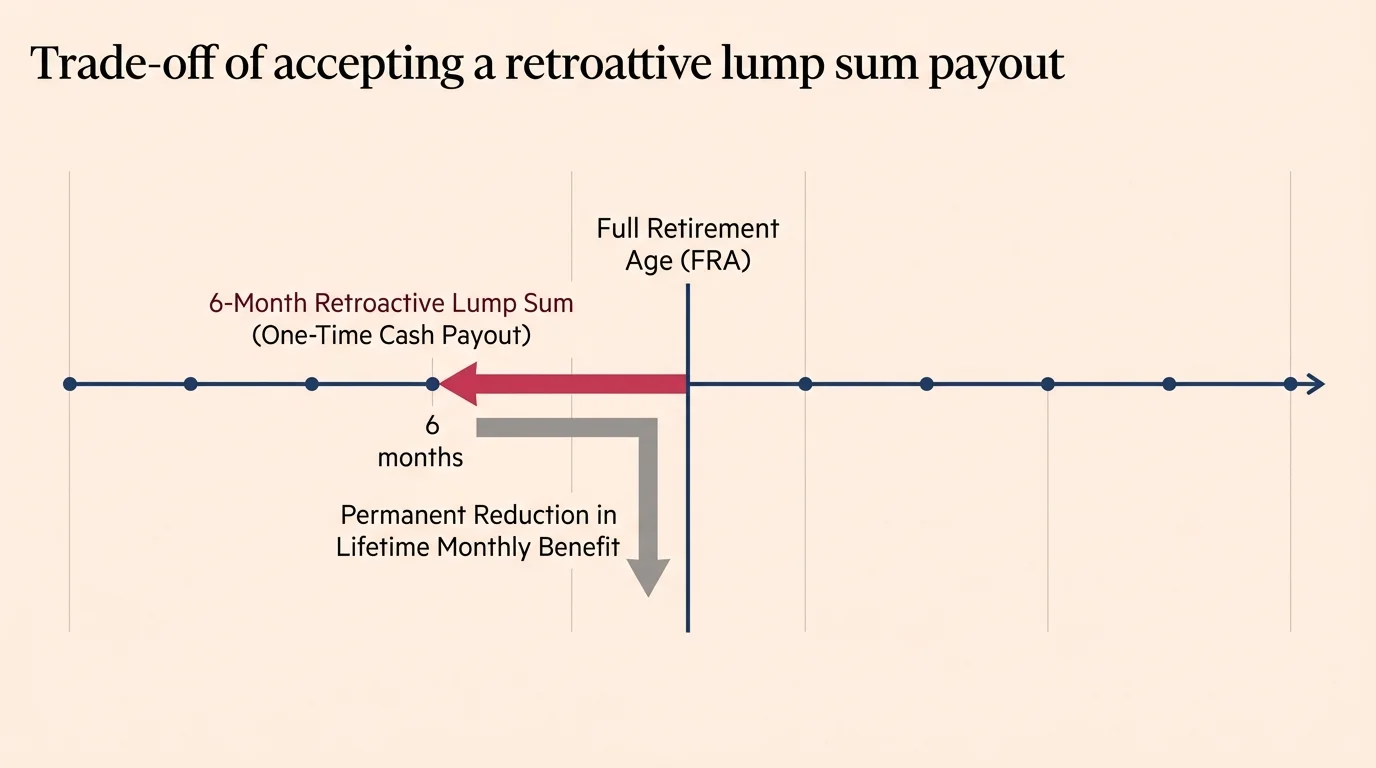 An editorial diagram showing the timeline split of taking a 6-month retroactive lump sum versus preserving a higher monthly benefit.