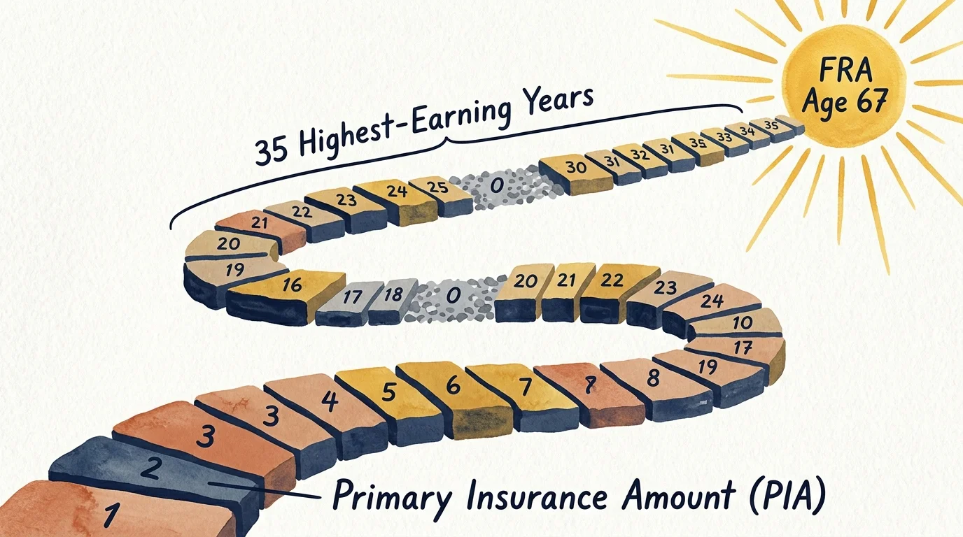 An editorial gouache illustration depicting a winding path of 35 stones leading to a golden sun labeled FRA Age 67.