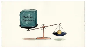 An editorial gouache illustration of a scale tipped by a single dollar coin, representing the IRMAA threshold.