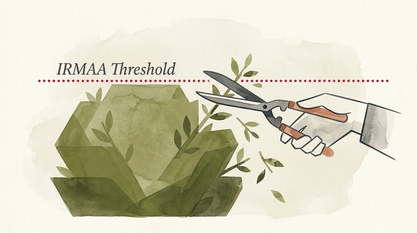 An editorial gouache illustration of hands trimming a shrub to keep it perfectly below a dotted red threshold line.