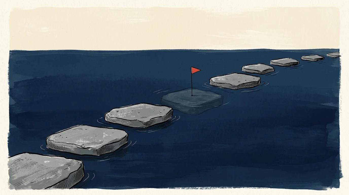 An editorial gouache illustration of stepping stones across water, with one stone hidden just beneath the surface with a red flag.