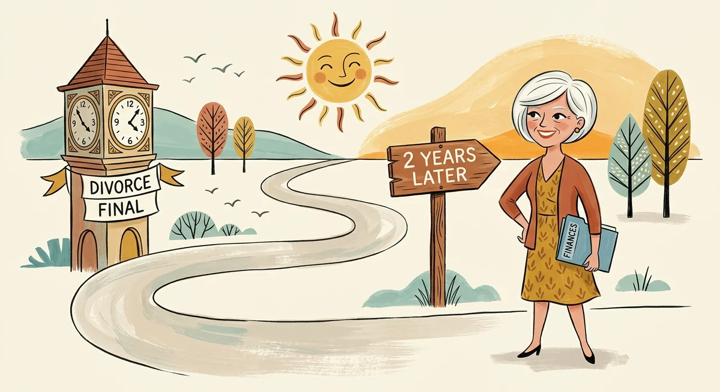 An editorial gouache illustration showing a path winding from a divorce decree to a signpost marked '2 Years' under a sunny sky.