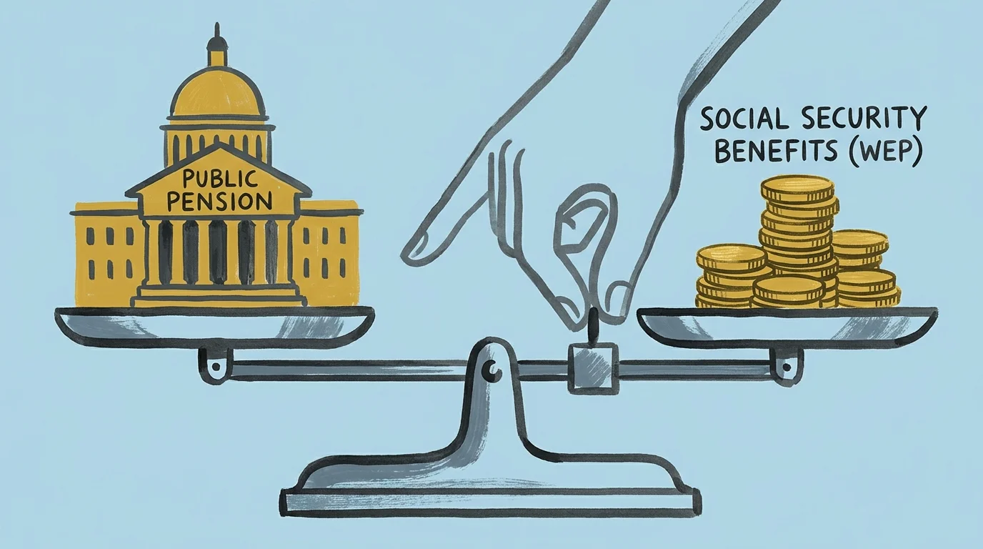 An editorial illustration of a balancing scale with a public pension on one side and social security on the other, being adjusted.