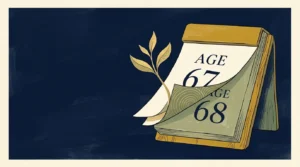 An editorial illustration of a desk calendar transitioning from Age 67 to Age 68, with a golden sprout growing from the pages.
