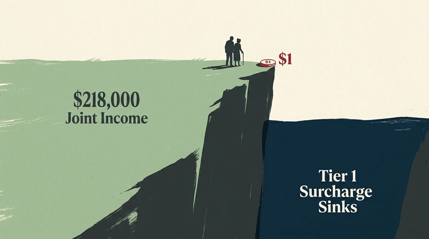 An editorial illustration of a flat plateau dropping off into a steep cliff, symbolizing the sharp IRMAA threshold penalty.