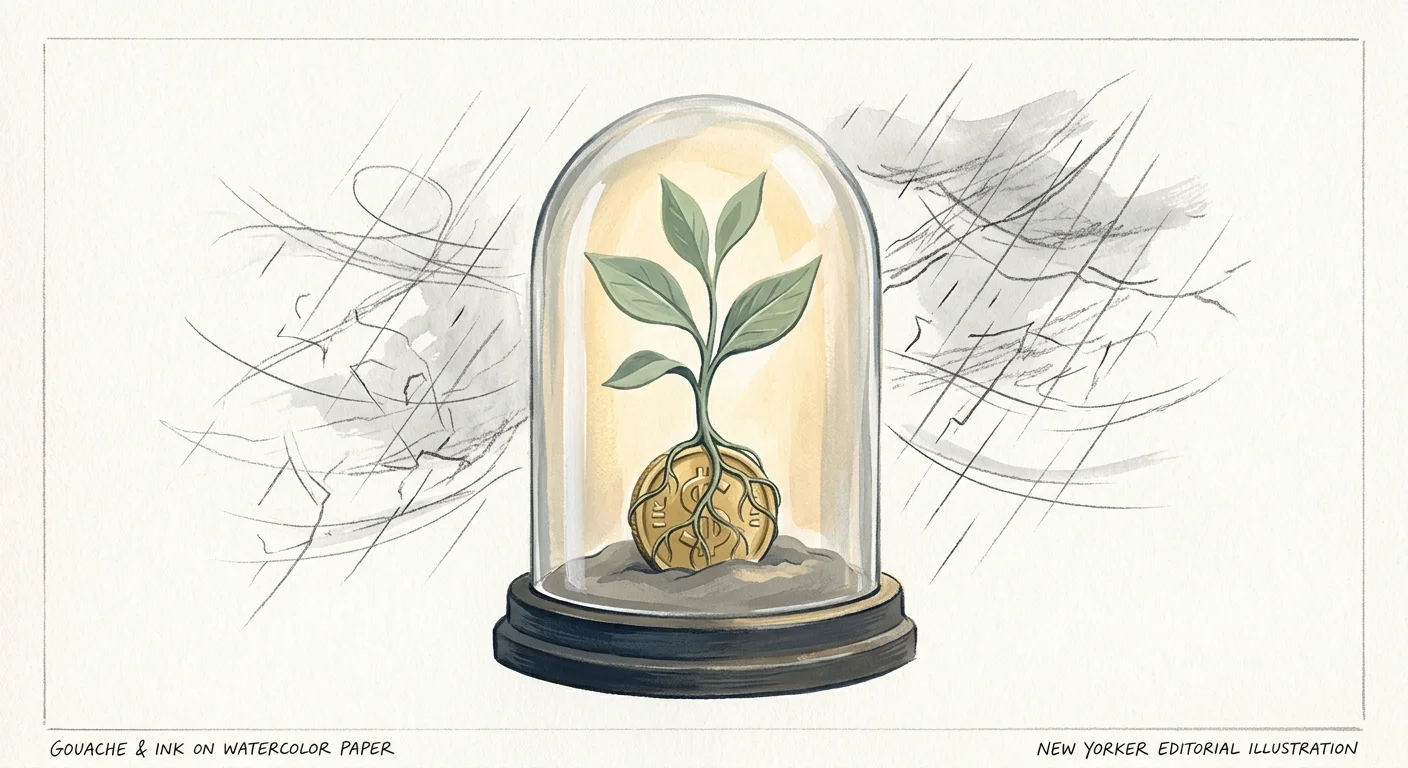 An editorial illustration of a green sprout protected under a glass cloche, representing guaranteed, low-risk financial growth.