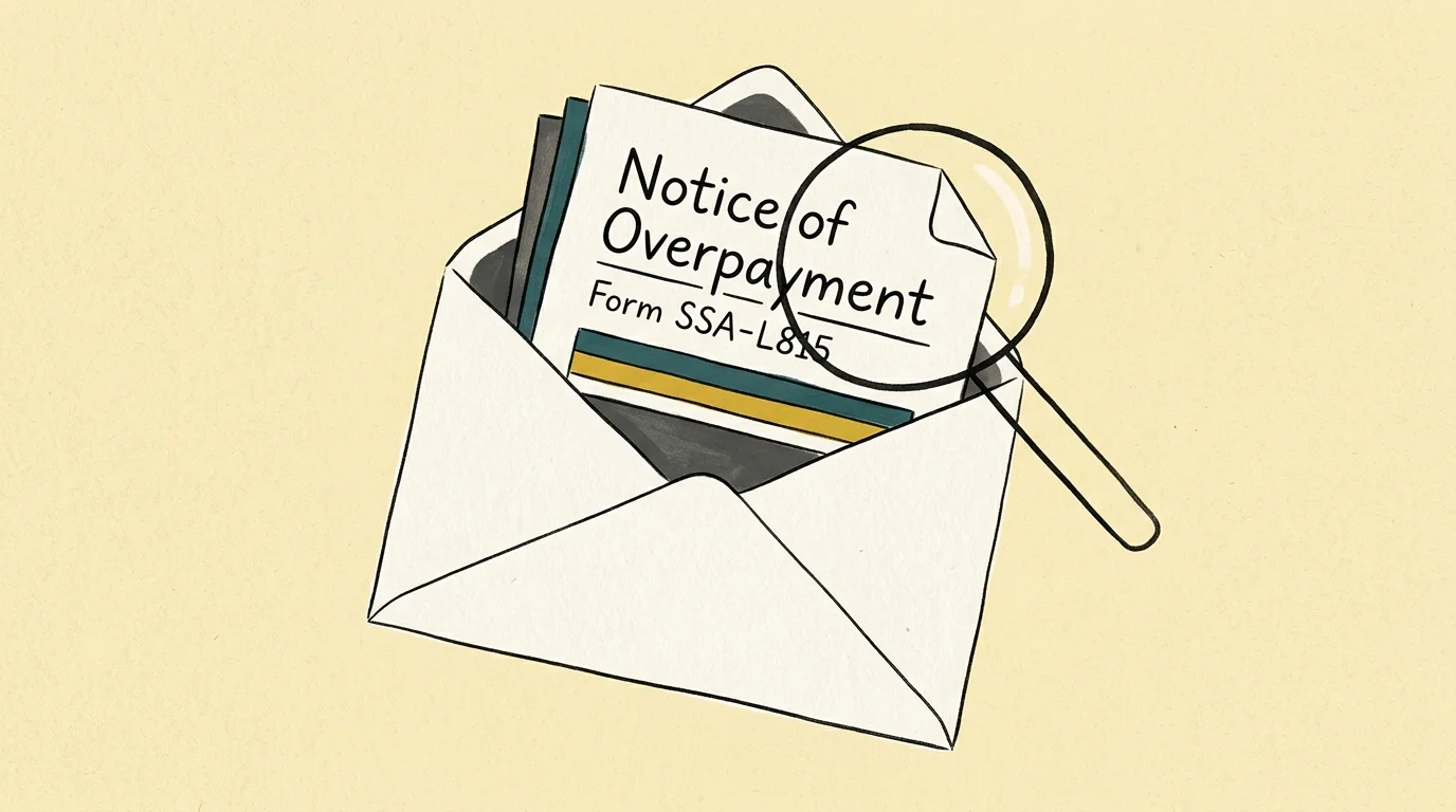 An editorial illustration of a magnifying glass scanning an official overpayment notice envelope.