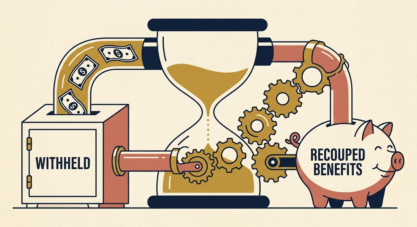 An editorial illustration of gears turning withheld funds into future increased retirement payouts.