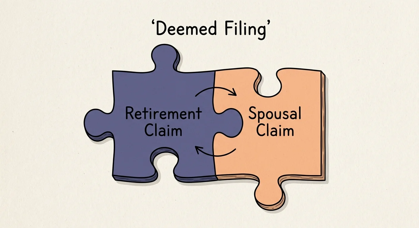 An editorial illustration of interlocking puzzle pieces representing how claiming retirement benefits triggers spousal benefits.