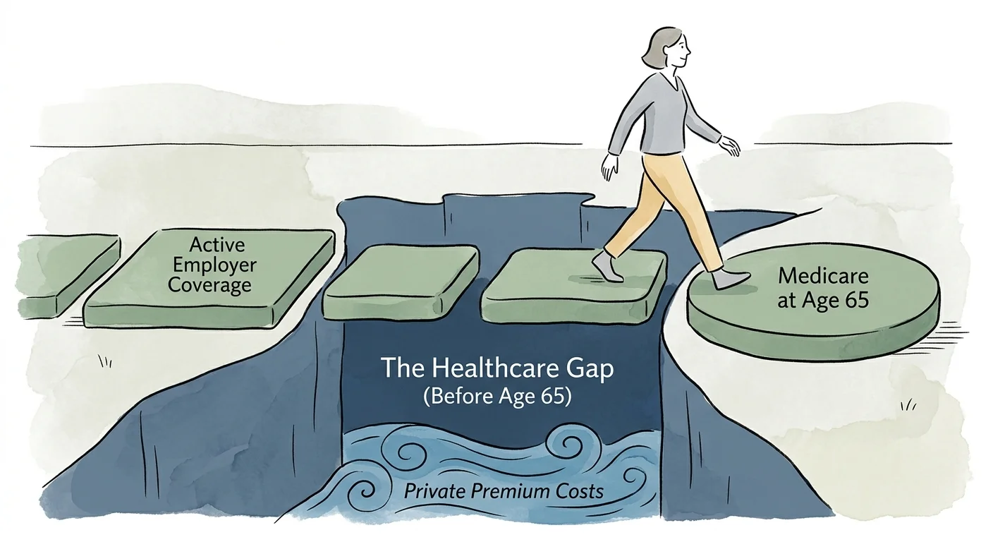 An editorial line art illustration showing a person safely stepping over a healthcare gap to reach Medicare at age 65.