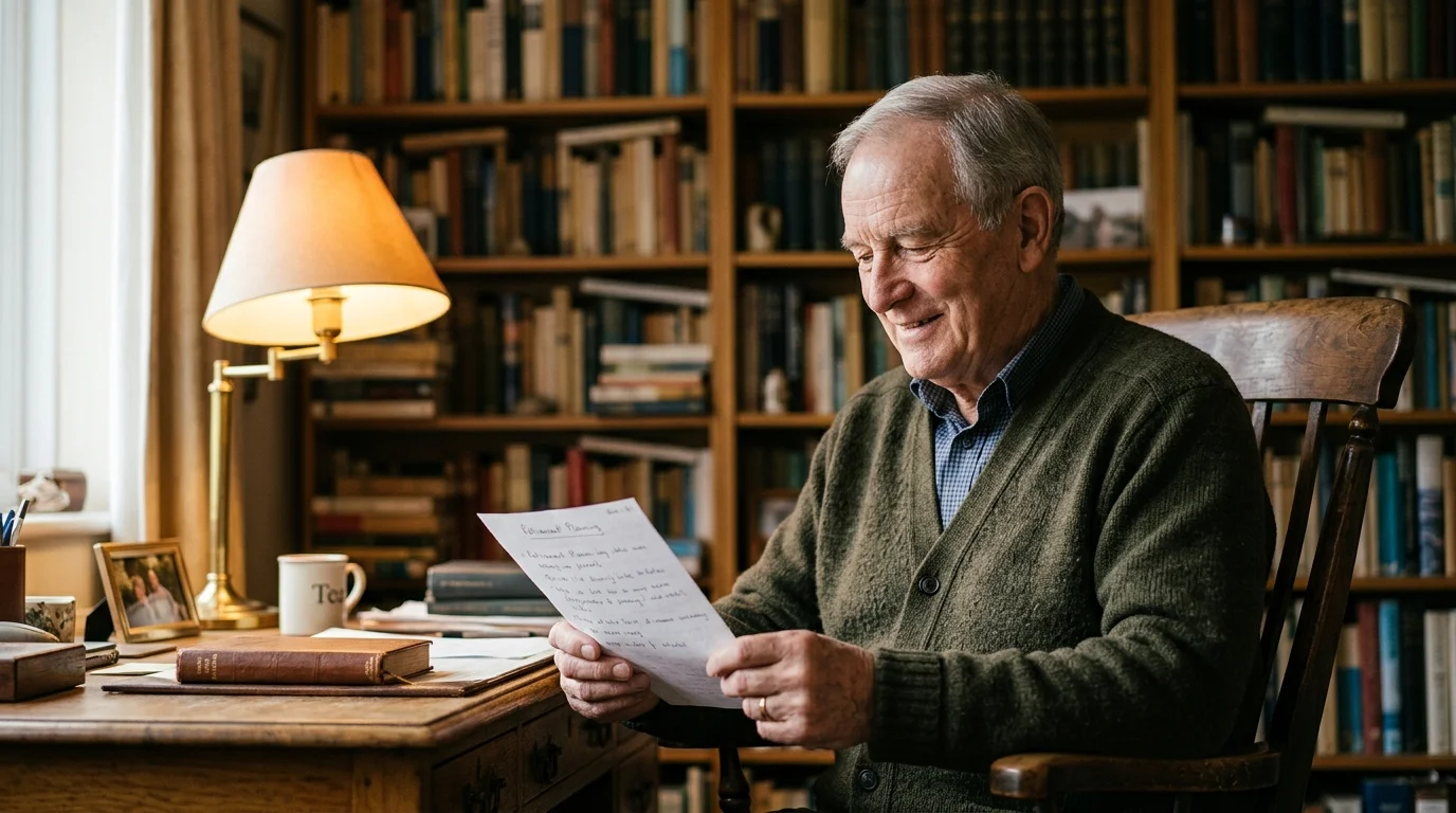 An editorial portrait of an elderly man sitting in a cozy home study, calmly looking over his financial papers.