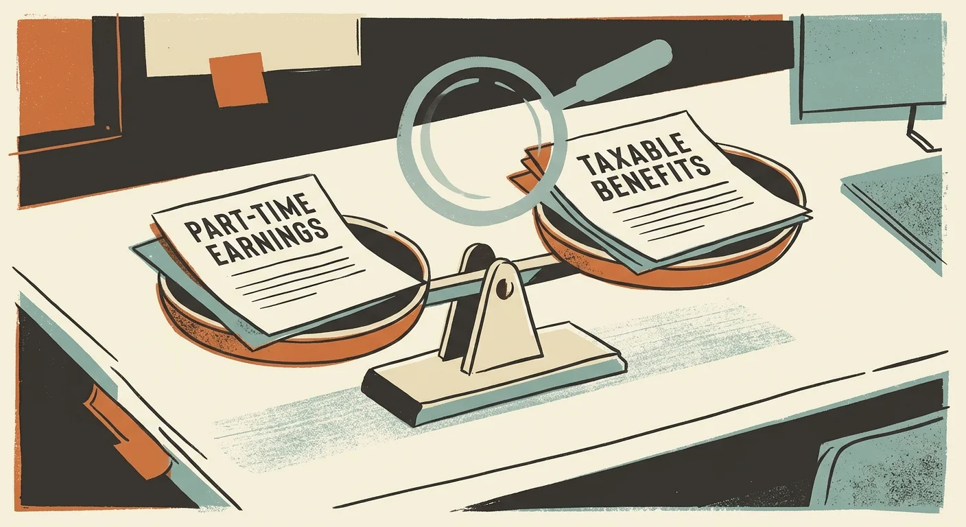 An editorial screenprint illustration showing a scale balancing part-time earnings with taxable benefits.