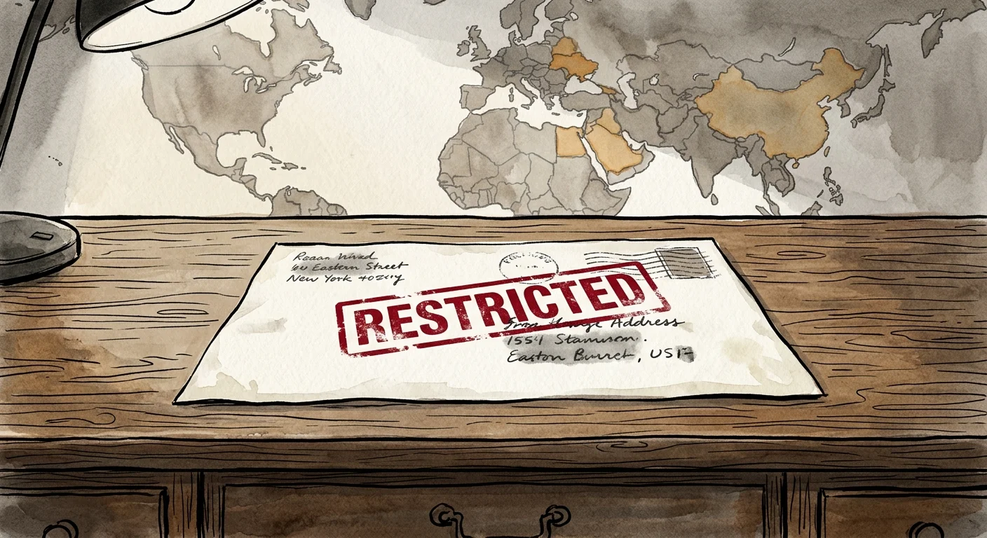An editorial watercolor illustration of an official letter stamped RESTRICTED over a muted world map.