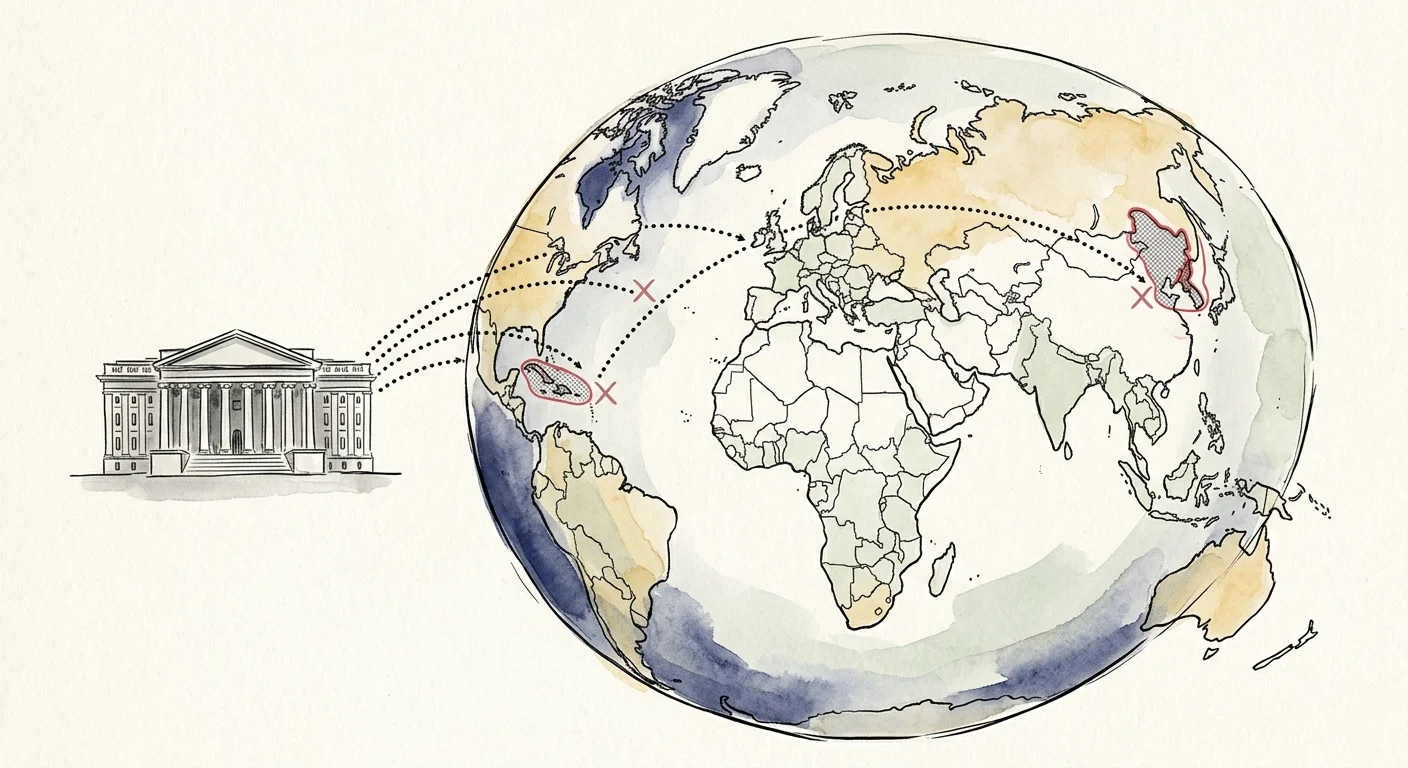 An editorial watercolor map showing payment paths from the U.S. Treasury being blocked from entering restricted countries.