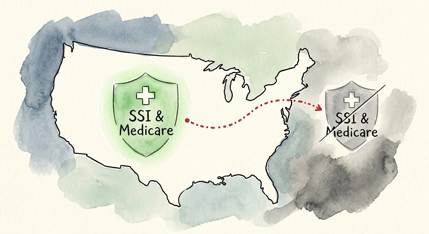 An editorial watercolor showing a travel path crossing outside the U.S. border, where the SSI and Medicare shield fades away.