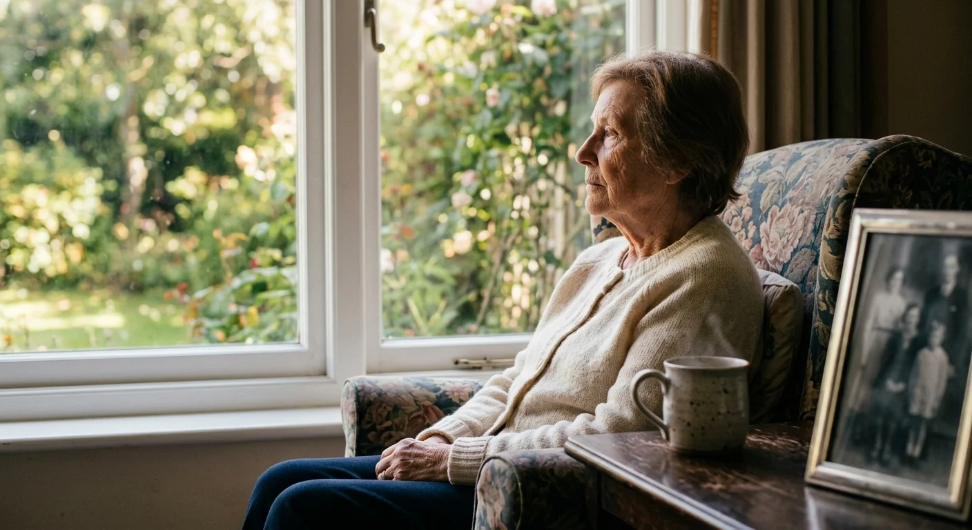 An elderly woman sits thoughtfully by a window in warm afternoon light, contemplating long-term financial security.