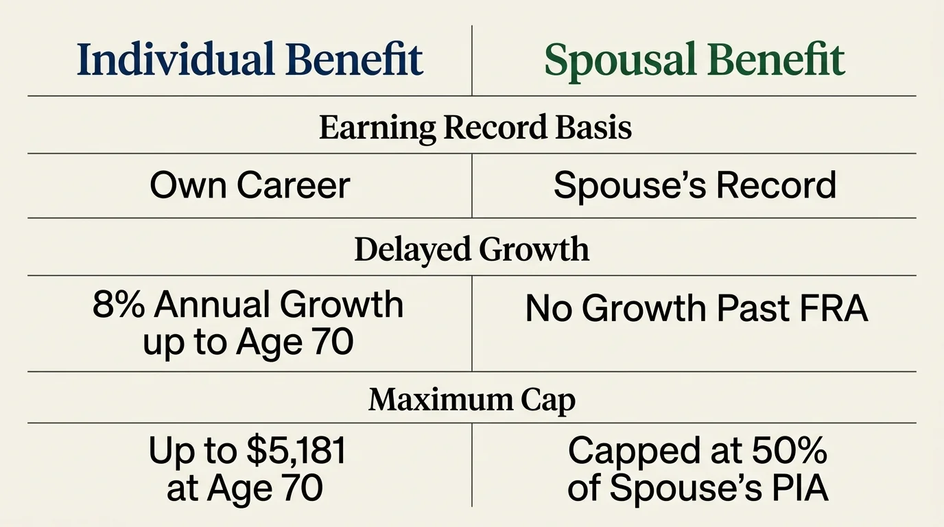 An elegant editorial comparative table showing the key differences between Individual and Spousal benefits.